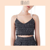 [MILIN] Scoop v neck tweed chain strap crop top เสื้อสายเดี่ยว ผ้าทวีด ทรงครอป คอวี แต่งสายโซ่ ชายรุ่ย Camer Top White/ Black สีขาว/ สีดำ