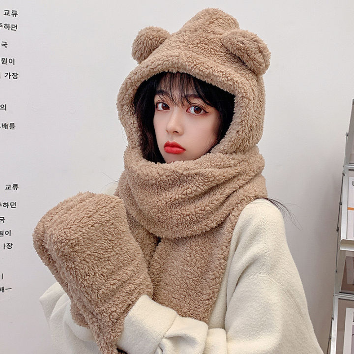 2021-beanies-skullies-bear-ear-protection-hat-female-autumn-winter-cute-plush-bib-scarf-gloves-hooded-korean-versatile-warm