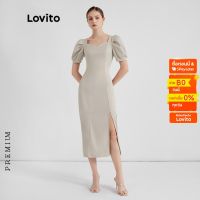 Lovito เดรสแบบผ่า แขนพัฟ คอเหลี่ยม สีพื้น สไตล์หรูหรา แฟชั่นผู้หญิง L37ED064 (สีแอปริคอต)