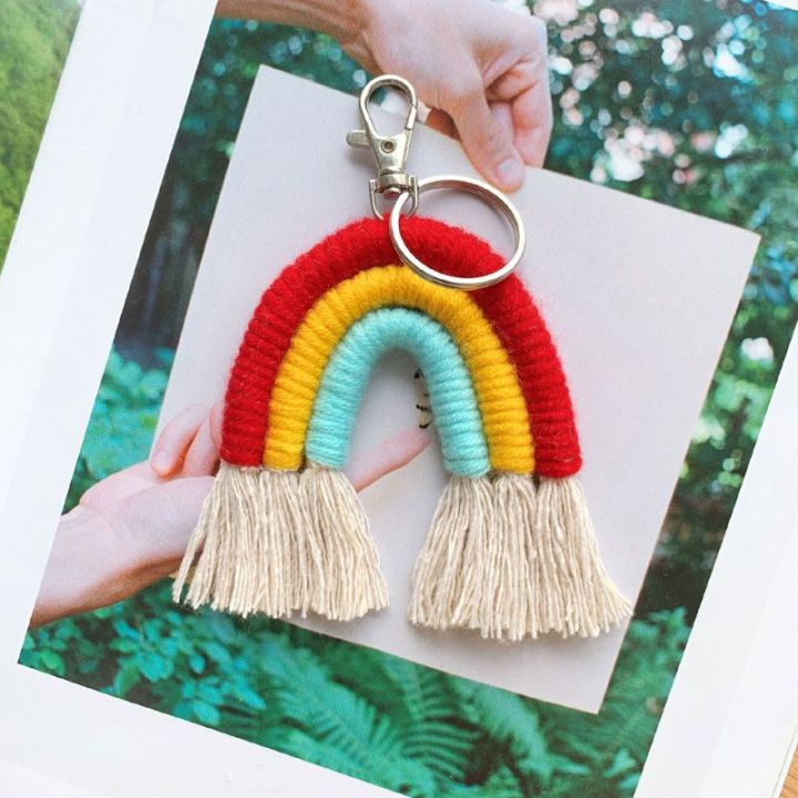 ทอผ้า-rainbow-พวงกุญแจ-boho-พวงกุณแจที่ยึดกุญแจพู่ตกแต่งกระเป๋า-charm-รถแขวน