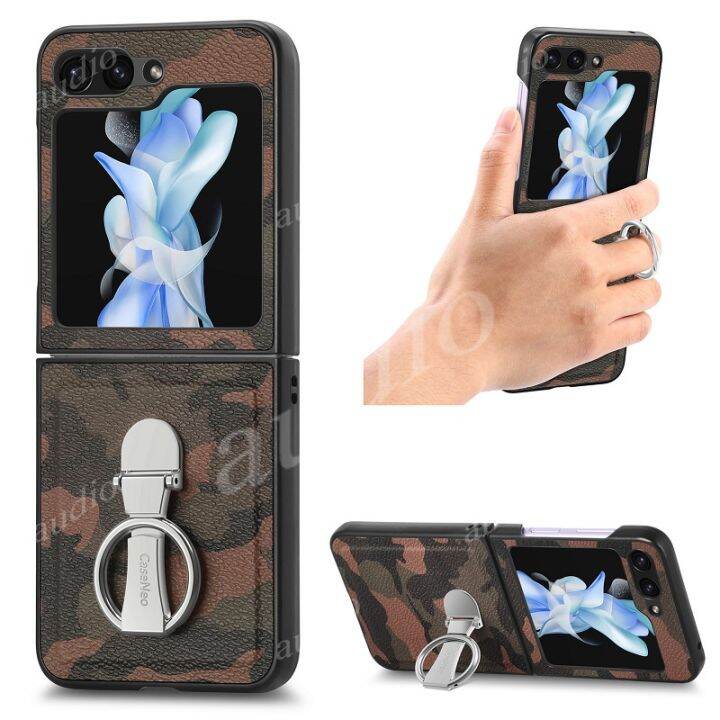 ฝาปิดมีที่ยึดป้องกันการตกสำหรับ-samsung-galaxy-z-flip-5-flip5-5g-2023แหวนพรางตาแฟชั่นหรูหราหนังนิ่ม