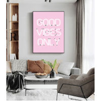 Quotes Wall Art Canvas Painting Home Room Decor Good Vibes Only Quote Print Neon Lights Sign Inspirational Poster Pink Positive