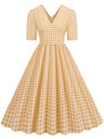 HOT★V คอ Vintage ลายสก๊อต Midi ชุดผู้หญิงฤดูร้อน Elegant แขนสั้น Sundress Casual Robe