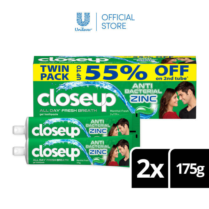 Closeup Gel Toothpaste with Antibacterial Zinc Menthol Fresh 175g Twin