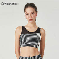 Wakingbee Stripe Bra (Black) สปอร์ตบรา พิมพ์ลายทาง ซัพพอร์ตสูง ตัดต่อตาข่าย มีตะขอหลัง ผ้ากันยูวี แห้งเร็ว มีฟองน้ำ