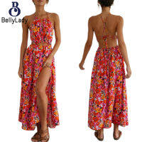 95%polyester+5%spandex Halter Neck Print Sexy Backless Waist Swing Beach Dress【fast】