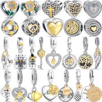 925 Silver Two-Tone Charm Golden Heart Family Tree Castle Feather Birthday Candle Bead Fit Original Pandora Bracelet DIY Jewelry