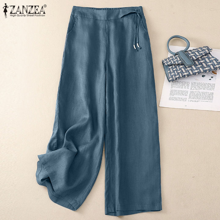 สินค้ามาใหม่-จัดส่งฟรี-fancystyle-zanzea-กางเกงเอวยืดหยุ่นสบายผูกเชือกกางเกงหลวมทรงตรงผ้าฝ้ายของผู้หญิง-2