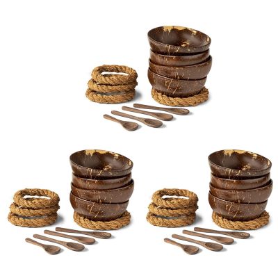 Coconut Bowls with Spoons &amp; Stands - Set of 12 Coconut Shell Bowls + Wooden Spoons &amp; No-Wobble Holders for Salad
