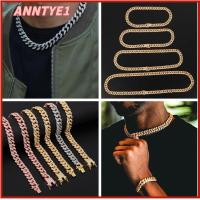 ANNTYE1 ความกว้าง 12 มม. ผู้หญิงผู้ชาย เพชร หรูหรา เงางาม ลิงค์เชน สร้อยคอ ฝัง Rhinestone ฮิพฮอพ