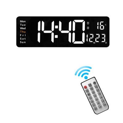 Wall-Mounted Digital Wall Clock 16 Inch Large Screen Function Display Clock Nordic Digital Clock Remote Control Temp Date Week Display Power Off Memory Table Clock Dual Alarms Clocks A
