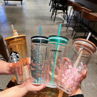 Starbuck คลาสสิกถ้วยฟางสาวหัวใจดอกเชอร์รี่ไม้ปกคู่เกษตรกรหมีถ้วยน้ำแก้ว