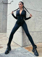 Simenual แขนยาวซิปผู้หญิง Jumpsuits Elegant เข็มขัด Patchwork Body-Shaping Overalls Fall Going Out Sporty Catsuit