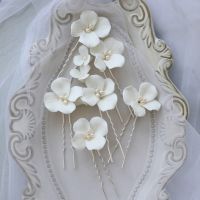 Simple White Ceramic Flower Bridal Hair Clips Pins Pearls Wedding Jewelry Handmade Women Hair Piece