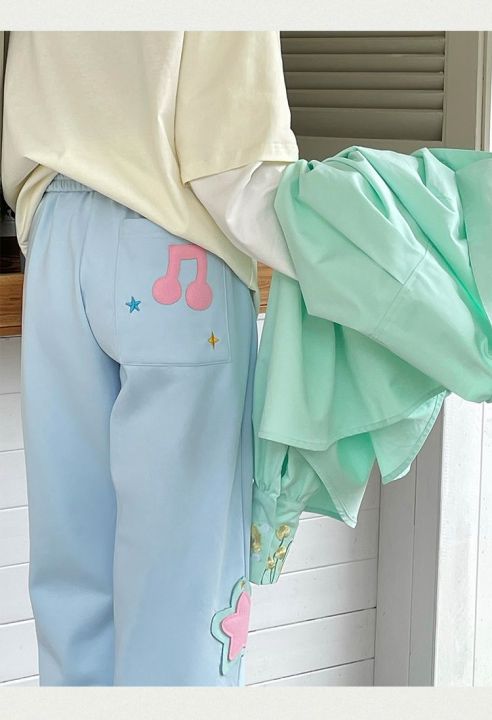 กางเกงขาบานน่ารักสไตล์เกาหลีสำหรับผู้หญิงกางเกงน่ารักสีเบจดาวญี่ปุ่นน่ารักสไตล์เกาหลี