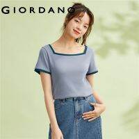 ◇ GIORDANO Women T-Shirts Contrast Color Square Neck Fashion Rib Tee Short Sleeve Slim Summer Comfort Casual Tshirts 05323422