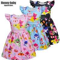 Kids Girls Anime Cartoon Animal Shark Print Short Sleeve O Neck Ruffle Dress For Carnival Princess Outfits