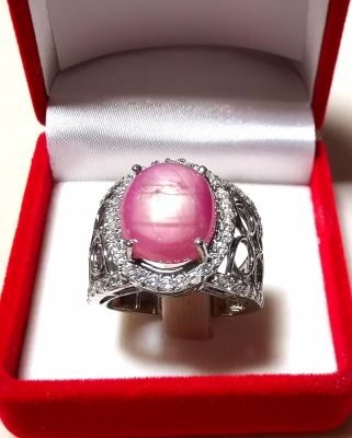 พลอยแท้ แหวนทับทิมล้อมเพชร Pink Ruby อัญมณีสวยหรู เสริมพลังงาน เรือนเงินแท้ 925 ไซส์ 55