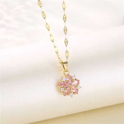 Korean Fashion Pink Crystal Sakura Pendant Stainless Steel Necklaces For Women Cute Romantic Female Wedding Jewelry Neck Chain Headbands