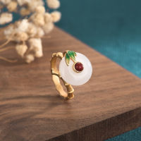 Her Lab Jewelry | ใหม่2023แหวนทอง18K แบบย้อนยุคแหวนใบไผ่หยก Hetian Cloisonne แบบหัวเข็มขัดแหวนแฟชั่นแหวนหยกผู้หญิงบุคลิกภาพ