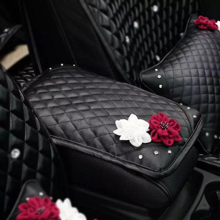 styling-rose-flower-crystal-car-interior-accessories-neck-cushion-leather-steering-wheel-covers-handbrake-gear-seat-belt-covers