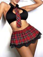 【CW】□  2023 New lingerie hot British style vest   lace plaid tie open bra thongs cosplay school girl erotic set