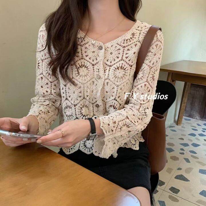 𝙁.𝙔 𝙨𝙩𝙪𝙙𝙞𝙤𝙨 🌸(พร้อมส่ง‼️)🌸เสื้อไหมพรม เสื้อลูกไม้แขนยาว กระดุมหน้า ...