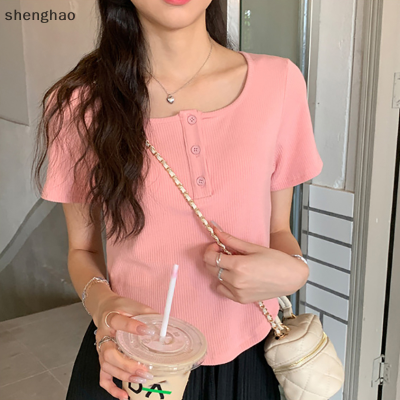 shenghao เสื้อยืดแขนสั้นผู้หญิงแฟชั่นฤดูร้อนแบบไม่สม่ำเสมอปกสี่เหลี่ยมสีทึบเสื้อครอปเพรียวบาง
