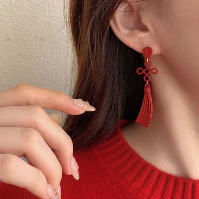 ต่างหูที่แขวนแฟชั่น LZVAST ต่างหูจีนผูกปมเครื่องประดับอัญมณีจีนต่างหูต่างหูผู้หญิงตะขอเกี่ยวหูวันตรุษจีน