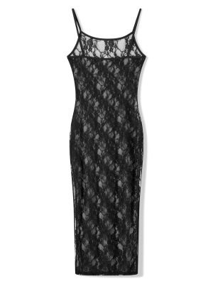 Fashion Spaghetti Strap See Through Midi Dress Women Black Sexy Sheer Mesh Lace Floral Dresses Chic Y2K Beach Outfits Vestidos