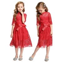 VOGUEON Girls Summer Lace Dress New Fashion Bow Kids Princess Dresses Children Half Sleeve Elegant Clothes for Birthday Party