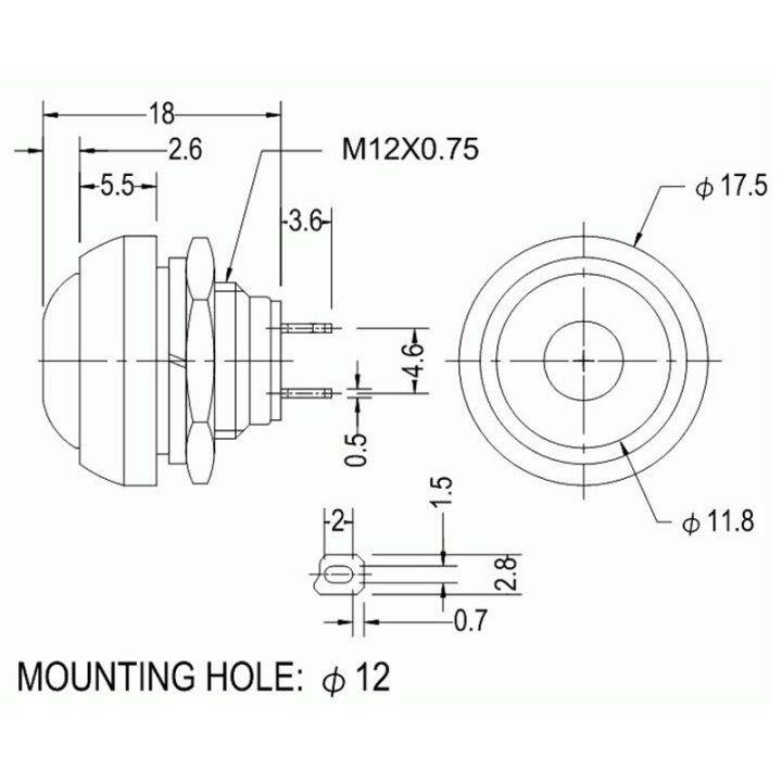 สวิตช์2pin-ขนาดเล็ก1ชิ้นสวิตช์กันน้ำ1a-12มม-สวิตช์ปุ่มกดชั่วขณะ12v-นับตั้งแต่รีเซ็ตไม่ล็อก