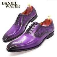 Luxury Mens Oxford Leather Shoes Snake Skin Prints Fashion Men Dress Shoes Black Purple Lace Up Square Formal Shoes Men