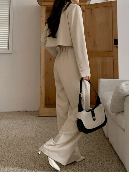สูทเบลเซอร์สำนักงานผู้หญิงชุดครอป2ชิ้นชุดฤดูใบไม้ผลิกางเกงทรงหลวมเสื้อคลุมแขนยาวลำลอง