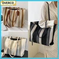 OVERCO ผ้าใบแคนวาส กระเป๋าโท้ท จุได้มาก แถบลายทาง กระเป๋าโท้ทนักออกแบบ สไตล์เรียบง่าย กระเป๋าสะพายไหล่แบบสั้น สำหรับผู้หญิง