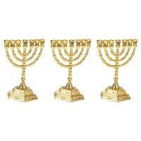 3X Golden Jewish Candle-Holders Religions Candelabra Hanukkah Candlesticks 7 Branch -L