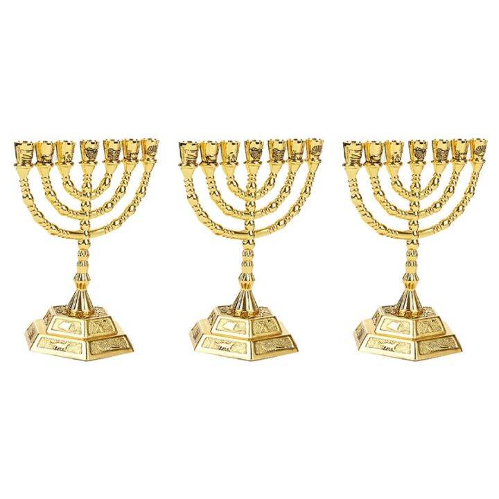 3X Golden Jewish Menorah CandleHolders Religions Candelabra Hanukkah