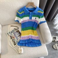 Embroidery Contrast Stripe Short Sleeve Sweater Rainbow Cotton Short Sleeve Slim Fit POLO Knit