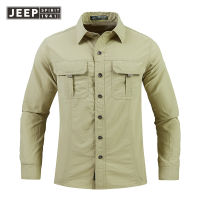 JEEP SPIRIT ฤดูใบไม้ผลิและฤดูใบไม้ร่วงเสื้อผู้ชายแขนยาวผ้าฝ้ายแท้เสื้อสีทึบสบายๆหนุ่มและวัยกลางคน Workwear เสื้อสลิมฟิต