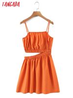 Tangada women orange cut-out dress sleeveless backless 2022 summer fashion lady dresses robe SL14