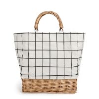 New Straw Bag Plaid Canvas Splicing Bag Rattan Portable Canvas Bag Weaving Bag Lattice Stripe Handbag Rattan Bag