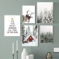 Christmas Posters and Prints Snow Moose Forest Winter Landscape Wall Art Pictures Canvas Painting Print Living Room Home Decor