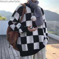 ② ญี่ปุ่นไขมัน Lazy Wind Checkerboard Retro ขนาดใหญ่รอบคอเสื้อกันหนาวผู้ชายฤดูหนาวหลวมแนวโน้ม Pullover เสื้อกันหนาว