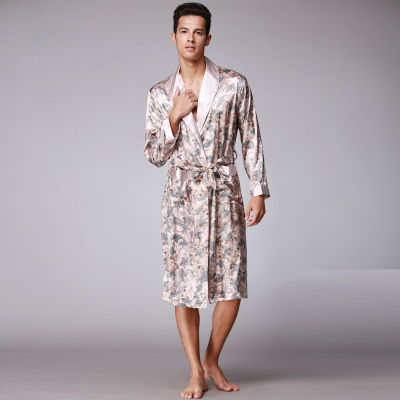 Men Silk Summer and Autumn Luxury Kimono Satin Bathrobe Print Knee Length Long Sleeve Coffee Bath Robe Dressing Gown Sleepwear