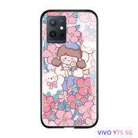 พร้อมเคสสำหรับ Vivo Casing Ponsel V19นีโอ/Y75 5G/Y55 5G กระจกเทมเปอร์เคสมันวาวกันกระแทกสำหรับเด็กผู้หญิงดอกไม้สุดหรูฝาหลังเคสใหม่