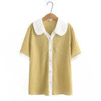 Plus Size XL-4XL Womens Short Sleeve New Tops Loose Doll Neck Contrast Panel Bubble Sleeve Jacquard Blouses