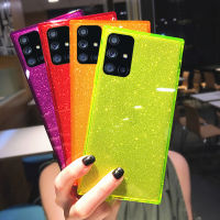 เคสโทรศัพท์แบบใสกระดาษแข็งกลิตเตอร์นีออนสำหรับ Samsung S20FE S20 S21บวก S9 S10 A50ฝาหลังสี่เหลี่ยม TPU แบบนิ่ม