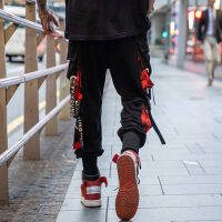 FOJAGANTO Hip Hop Cargo Pants Joggers Men Letter Ribbons Pockets Track Tactical Casual Trousers Male Trend High Street Pants