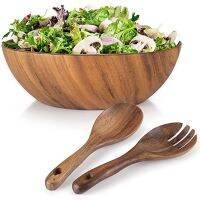 ETXAcacia Wooden Salad Bowl  Solid Hardwood Salad Mixing Bowl Set  Wood Serving Bowl Spoon Fork for Fruits Vegetables Decoration