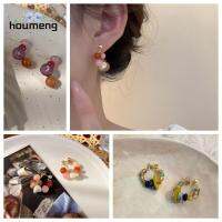 HOUMENG เครื่องประดับหินสไตล์โบฮีเมียนต่างหูทรงห่วงร้อยลูกปัดหลากสีตุ้มหูเป็นของขวัญ